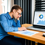 A thoughtful individual, fully clothed in comfortable yet modest professional attire, sitting at a modern desk in a well-lit home office in the Netherlands. They are reviewing financial documents and a laptop screen, which displays a spreadsheet with charts and numbers related to home finances and taxes. A warm cup of coffee sits nearby. The background features a blurred bookshelf with financial books and a glimpse of a typical Dutch living space, emphasizing a sense of home ownership and responsible financial management. The overall mood is organized and contemplative. Perfect anatomy, correct proportions, natural pose, well-formed hands, proper finger count. High quality, professional photography, soft natural light, detailed, realistic, clean aesthetic. Safe for work, appropriate content, fully clothed, family-friendly.