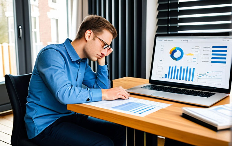 A thoughtful individual, fully clothed in comfortable yet modest professional attire, sitting at a modern desk in a well-lit home office in the Netherlands. They are reviewing financial documents and a laptop screen, which displays a spreadsheet with charts and numbers related to home finances and taxes. A warm cup of coffee sits nearby. The background features a blurred bookshelf with financial books and a glimpse of a typical Dutch living space, emphasizing a sense of home ownership and responsible financial management. The overall mood is organized and contemplative. Perfect anatomy, correct proportions, natural pose, well-formed hands, proper finger count. High quality, professional photography, soft natural light, detailed, realistic, clean aesthetic. Safe for work, appropriate content, fully clothed, family-friendly.