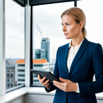 A sophisticated Dutch real estate owner, gender-neutral appearance, in professional business attire, standing confidently in a bright, contemporary office. The subject looks thoughtfully at a tablet displaying financial graphs and sustainability data. Behind them, a large window reveals a cityscape with modern, energy-efficient buildings and subtle hints of solar panels on rooftops. The office itself incorporates natural materials and has a clean, professional aesthetic. Bright, professional studio lighting, high resolution, sharp focus, perfect anatomy, correct proportions, natural pose, well-formed hands, proper finger count, natural body proportions, fully clothed, modest clothing, appropriate attire, professional dress, safe for work, appropriate content, professional, family-friendly.