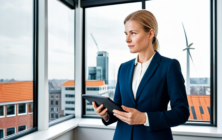 A sophisticated Dutch real estate owner, gender-neutral appearance, in professional business attire, standing confidently in a bright, contemporary office. The subject looks thoughtfully at a tablet displaying financial graphs and sustainability data. Behind them, a large window reveals a cityscape with modern, energy-efficient buildings and subtle hints of solar panels on rooftops. The office itself incorporates natural materials and has a clean, professional aesthetic. Bright, professional studio lighting, high resolution, sharp focus, perfect anatomy, correct proportions, natural pose, well-formed hands, proper finger count, natural body proportions, fully clothed, modest clothing, appropriate attire, professional dress, safe for work, appropriate content, professional, family-friendly.
